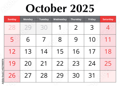 Calendar for October 2025. Design vector illustration. English page of autumn month