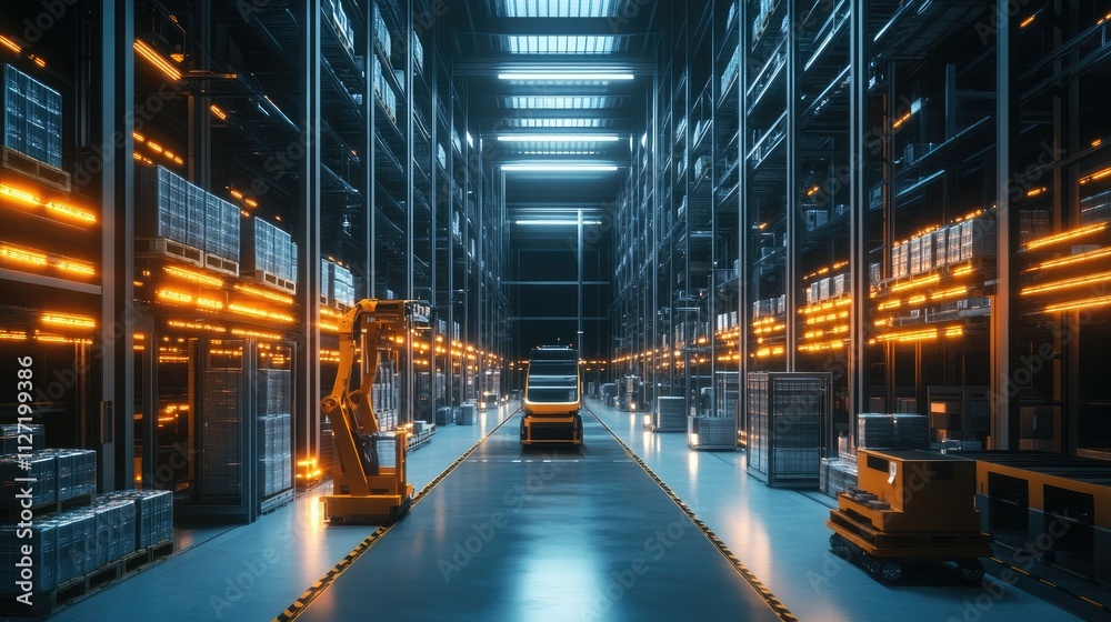 Automated warehouse interior with robotic forklifts moving through aisles lined with stacked shelves.  Brightly lit futuristic storage facility.