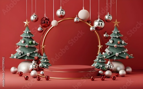 Festive red background featuring Christmas decorations and a circular pedestal perfect for seasonal displays and holiday promotions