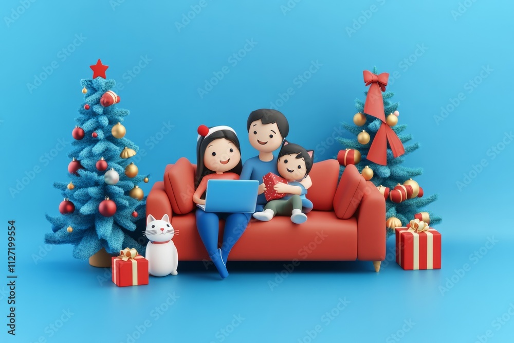 3D cartoon illustration of family at sofa with laptop and gifts and cat near them, a Christmas tree in the background 3D cartoon illustration of family at sofa with laptop and gifts and cat near them, a Christmas tree in the background
