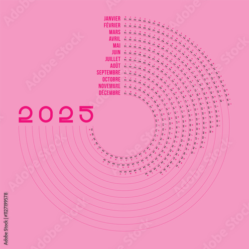 Calendrier 2025 en Français, Design Créatif, Forme Ronde, Modifiable et rose