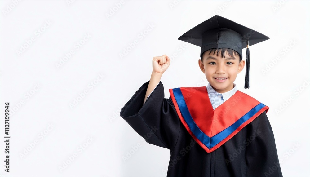 Young Graduate's Triumph: A portrait of a jubilant young boy in graduation attire, celebrating his academic achievement with a determined fist pump. His bright smile radiates pride and accomplishment. Young Graduate's Triumph: A portrait of a jubilant young boy in graduation attire, celebrating his academic achievement with a determined fist pump. His bright smile radiates pride and accomplishment.