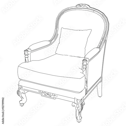 Elegant antique armchair furniture and home interior decorations in trendy vintage retro style. Modern hand drawn black sketch vector illustrations isolated on white background