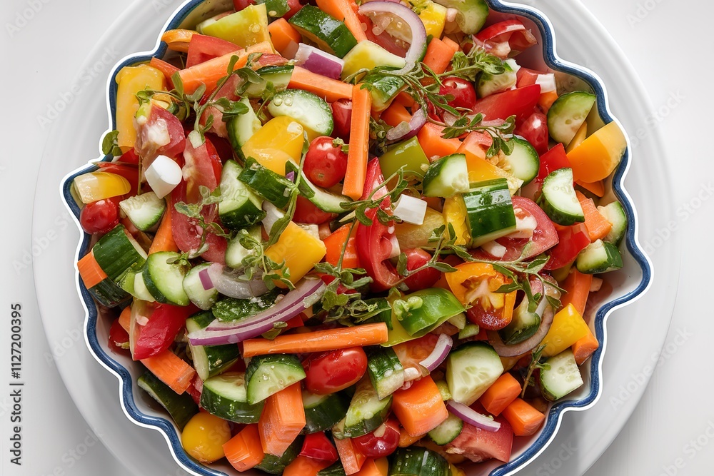 A top view of a colorful vegetable salad in a dish A top view of a colorful vegetable salad in a dish