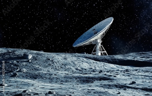 A large communication satellite dish on the surface of the Moon under a star-filled black sky photo