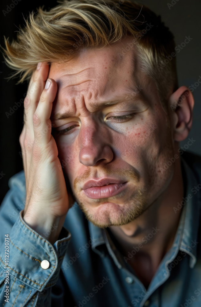 A close-up portrait of a blond man holding his head, looking down, suffering from a headache and migraine A close-up portrait of a blond man holding his head, looking down, suffering from a headache and migraine