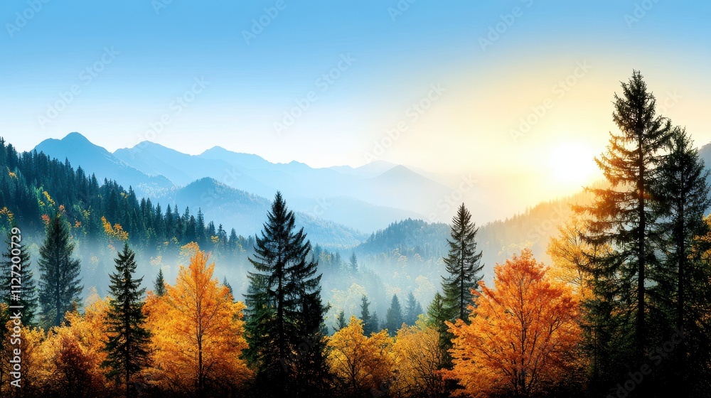 A breathtaking vista of a mountain range shrouded in a soft morning mist, showcasing vibrant autumn foliage. A breathtaking vista of a mountain range shrouded in a soft morning mist, showcasing vibrant autumn foliage.