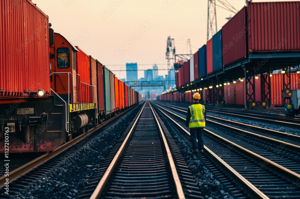 Obraz premium Industrial Freight Yard at Dusk with Worker in Safety Vest and Cargo Containers