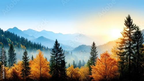 A breathtaking vista of a mountain range shrouded in a soft morning mist, showcasing vibrant autumn foliage.