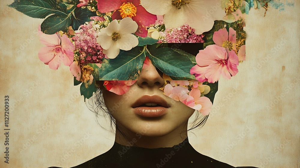 Naklejka premium Abstract contemporary art collage portrait of young woman with flowers on her face hides her eyes