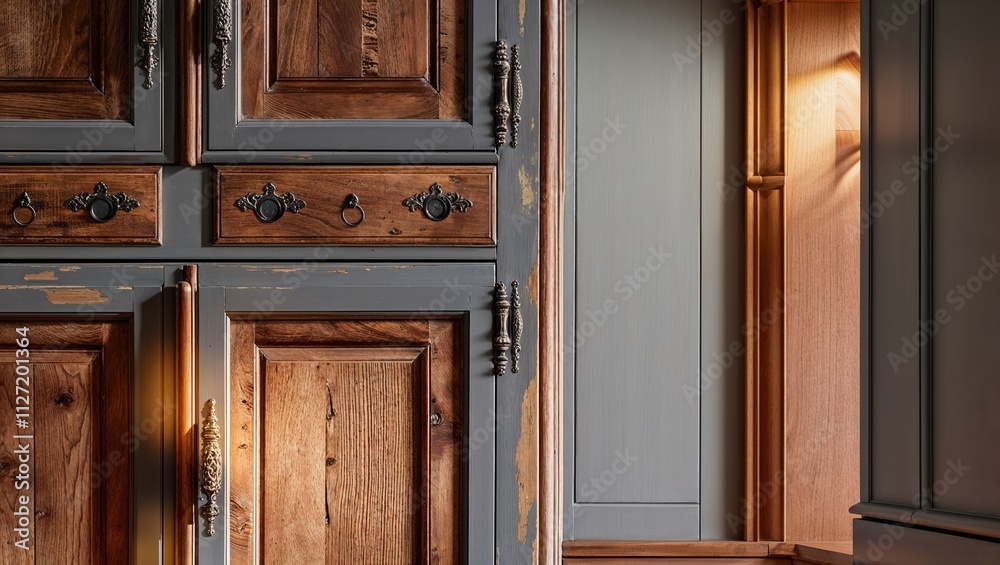Warm and inviting close-up photo of a traditional gray and wood kitchen. Warm and inviting close-up photo of a traditional gray and wood kitchen.