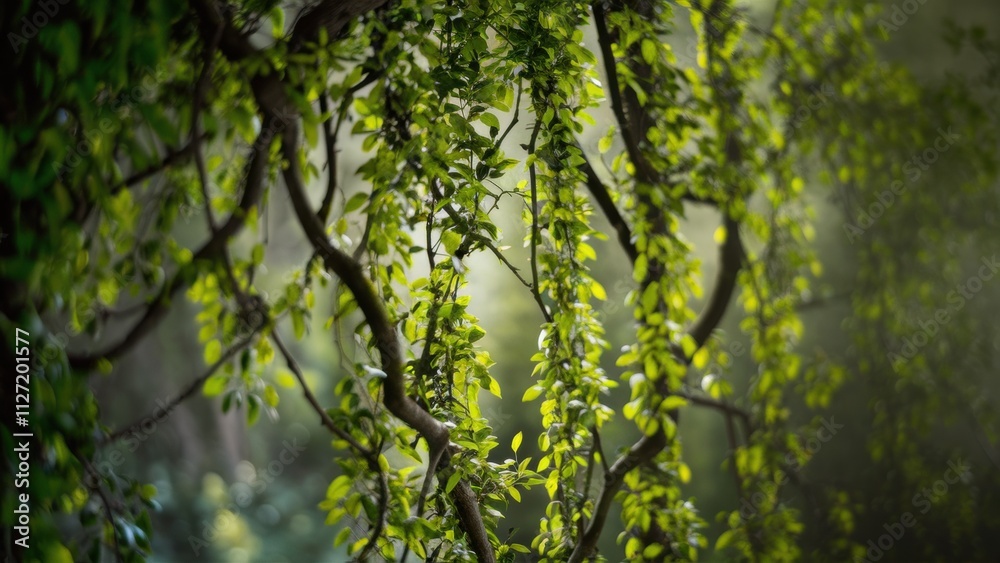 Fototapeta premium A background of dense green foliage on intertwined branches with a blurred background behind. Green leaves create a lush cover, a feeling of calm and detachment from the outside world.