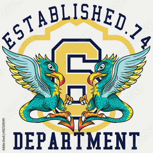 Griffin illustration with vibrant colors with heraldic style of coat of arms numbers and patches of institutions or schools along with numbers, modern art.