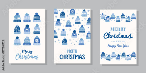 Set with colourful Christmas greeting card with cartoon winter hats. Vector illustration
