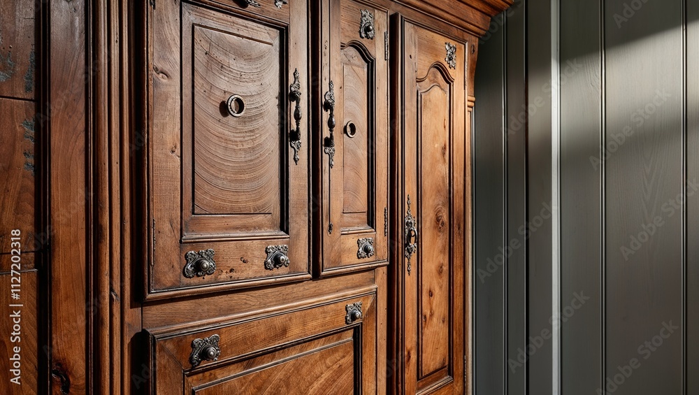 Fototapeta premium Warm and inviting close-up photo of a traditional gray and wood kitchen.