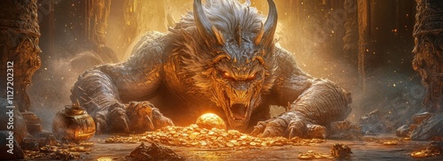 Majestic dragon guarding an enormous treasure hoard in a mystical cavern, illuminated by a warm, golden light.