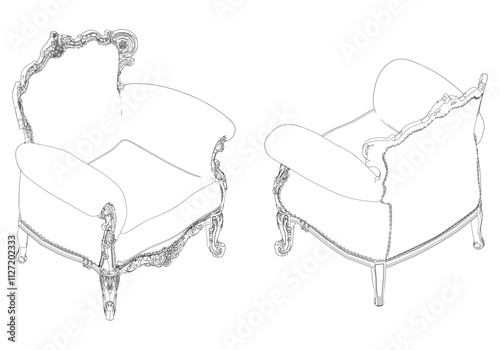 Elegant antique armchair furniture and home interior decorations in trendy vintage retro style. Modern hand drawn black sketch vector illustrations isolated on white background