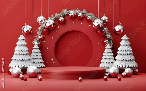 Festive red background featuring Christmas decorations and a circular pedestal perfect for seasonal displays and holiday promotions