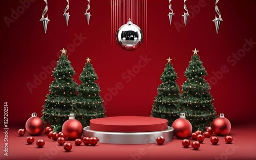 Festive red background featuring Christmas decorations and a circular pedestal perfect for seasonal displays and holiday promotions