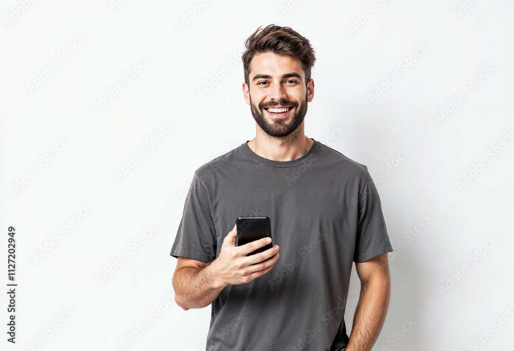 Smiling Young Man Holding Smartphone Against White Background
