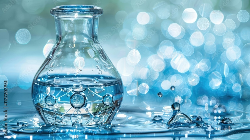 Clear glass flask filled with water and bubbles on a reflective surface with a bokeh background. Clear glass flask filled with water and bubbles on a reflective surface with a bokeh background.