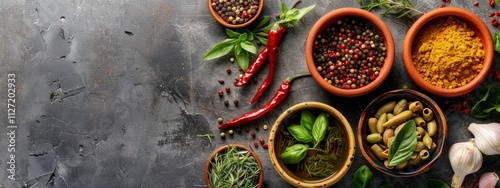 Various herbs and spices arranged in bowls on a dark textured background photo