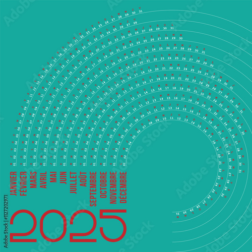 Calendrier 2025 en Français, Design Créatif, Forme vague, Modifiable et Coloré vert rouge