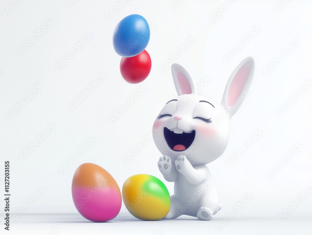 Fototapeta premium A very happy Easter bunny dancing around with colorful Easter eggs.