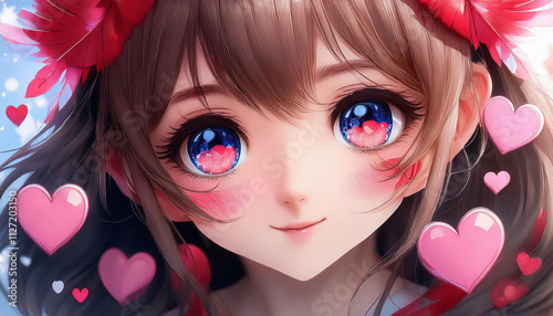An anime-style illustration features a girl character with large bright blue eyes surrounded by floating pink hearts and red flower decorations.
