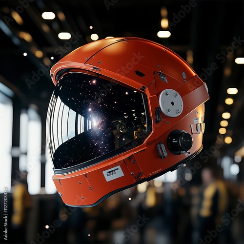 Futuristic Space Helmet Reflecting Cosmos in Factory Setting photo