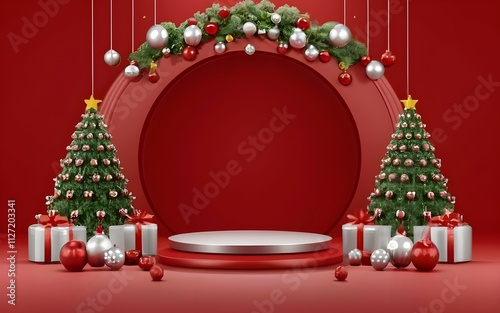 Festive red background featuring Christmas decorations and a circular pedestal perfect for seasonal displays and holiday promotions