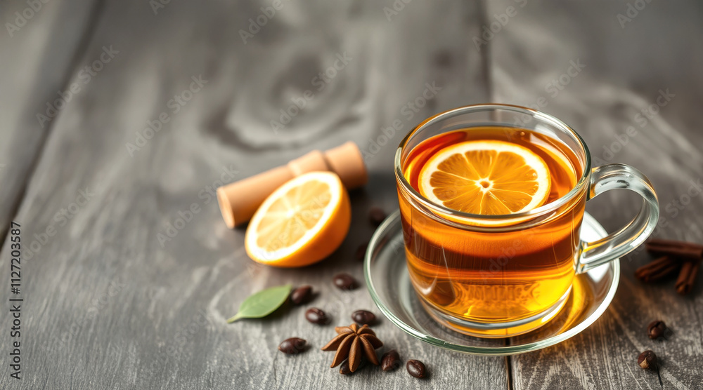 tea with lemon and cinnamon on wooden table tea with lemon and cinnamon on wooden table