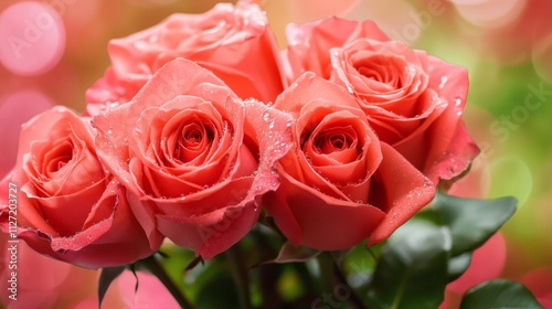 A close-up of vibrant coral rose with droplets, set against a soft, colorful background.