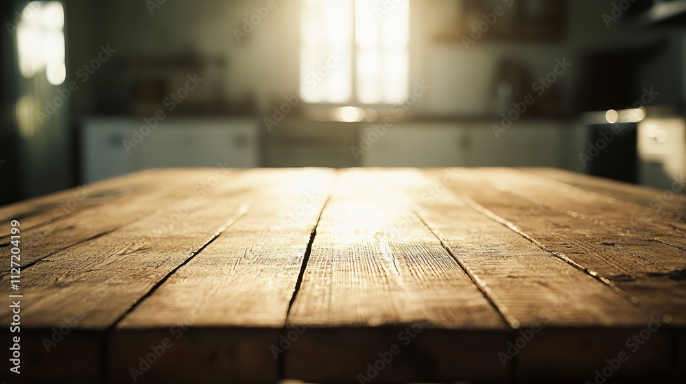 Wooden table in an empty green room with a bright white kitchen interior blurred in the background. Golden sunlight creates a bokeh effect on the table. Wooden table in an empty green room with a bright white kitchen interior blurred in the background. Golden sunlight creates a bokeh effect on the table.