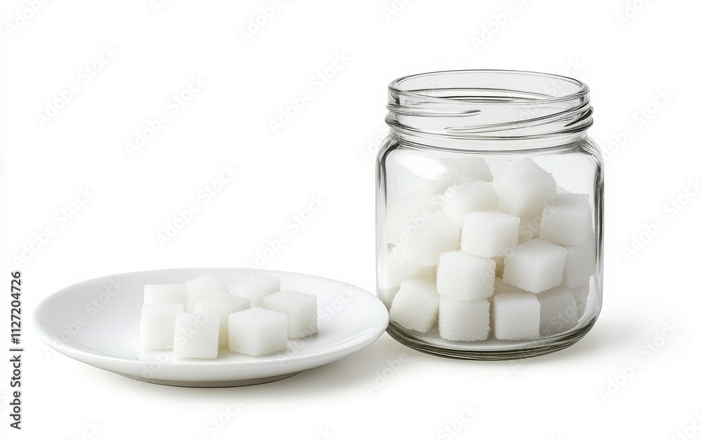 A glass jar filled with raw sugar cubes and a white plate placed beside it, isolated on a white background A glass jar filled with raw sugar cubes and a white plate placed beside it, isolated on a white background