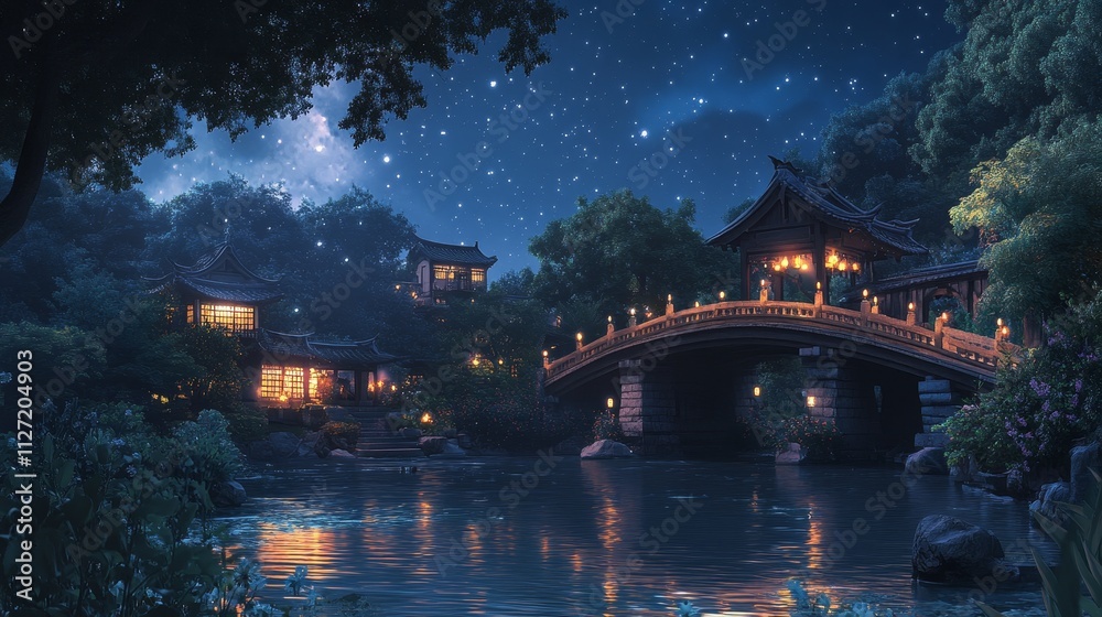 Fototapeta premium A serene night scene featuring traditional buildings, a bridge, and a starry sky over a river.