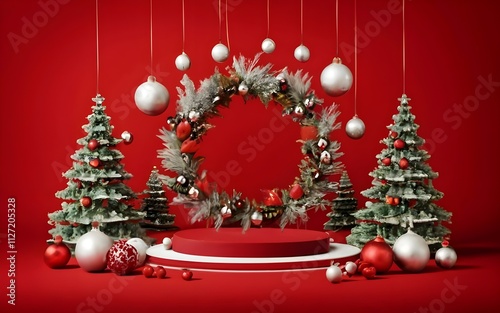 Festive red background featuring Christmas decorations and a circular pedestal perfect for seasonal displays and holiday promotions