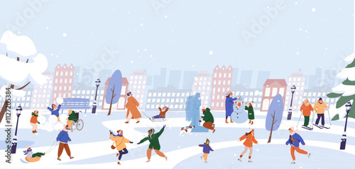 Happy people spend time outdoor at winter. Winter outdoor activities. Cartoon flat vector isolated on urban background. Characters skating, skiing, sledding, playing snowballs, build snowman together.