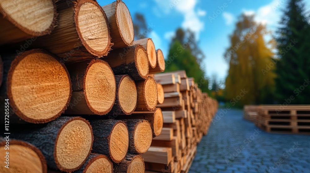 Stacks of freshly cut logs in a serene outdoor setting under a bright blue sky, showcasing the natural beauty of wood and nature. Stacks of freshly cut logs in a serene outdoor setting under a bright blue sky, showcasing the natural beauty of wood and nature.