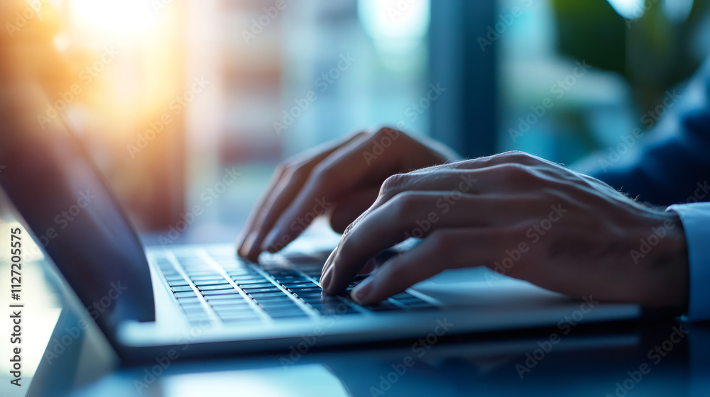 Male hands typing on laptop keyboard with warm sunset light in background, working late in the office Male hands typing on laptop keyboard with warm sunset light in background, working late in the office