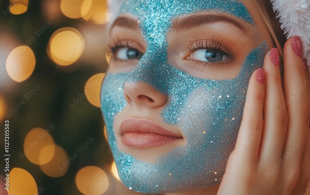 Beautician applying colored clay mask with glitter to face of beautiful young woman in beauty salon. Spa treatments concept on christmas background