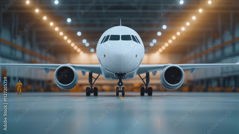 A sleek aircraft stands ready in a well-lit hangar, showcasing its modern design and engineering excellence. A sleek aircraft stands ready in a well-lit hangar, showcasing its modern design and engineering excellence.