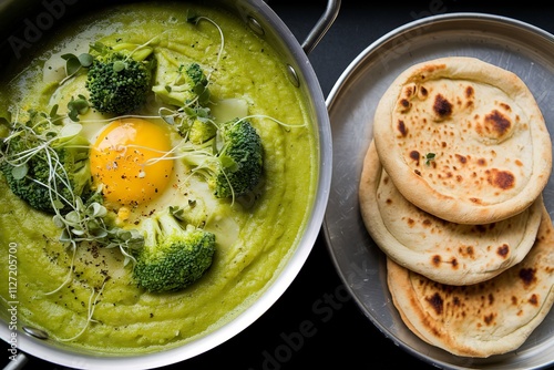 A delectable dish of vibrant green broccoli soup containing yellow egg
