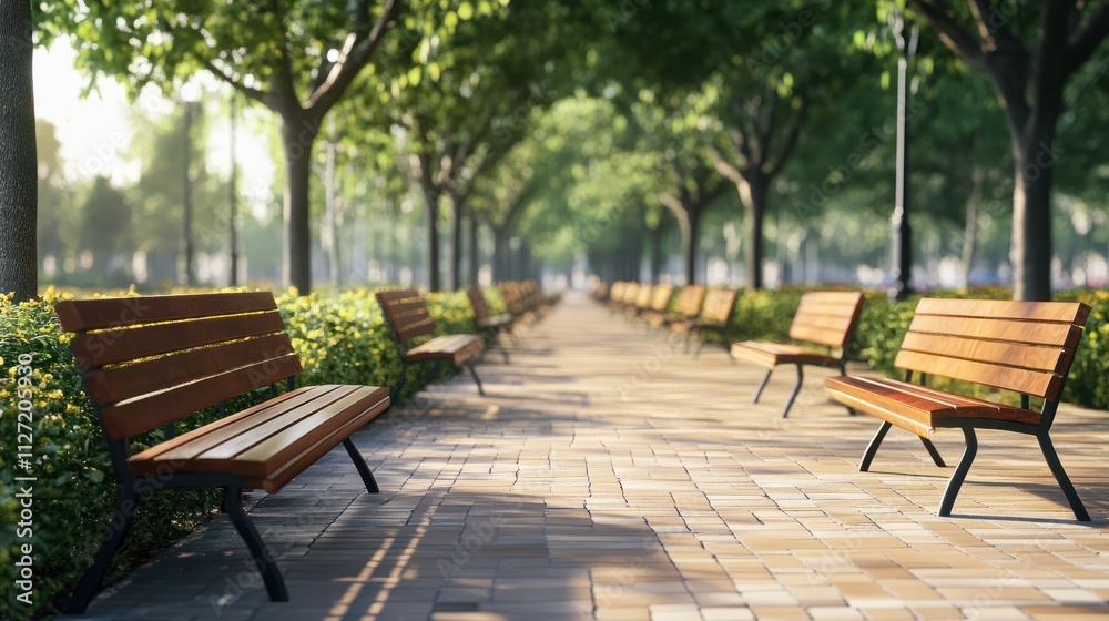 Row of wooden park benches for seating in outdoor public spaces