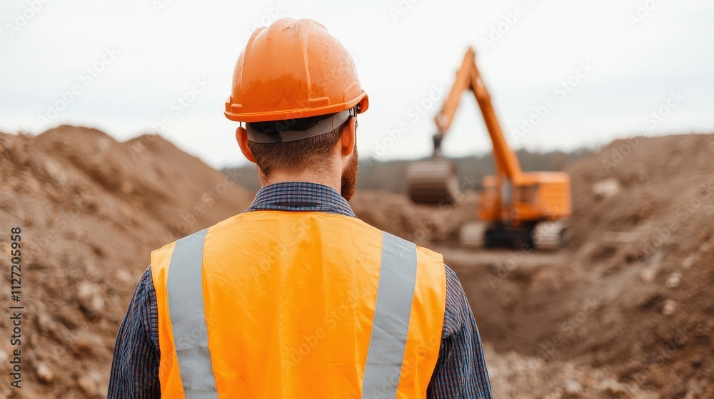 A construction worker in an orange helmet and vest observes heavy machinery operating in a dirt excavation site. A construction worker in an orange helmet and vest observes heavy machinery operating in a dirt excavation site.