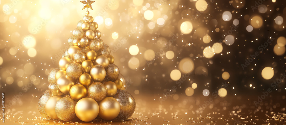 3D golden CHRISTMAS tree made of balloons on a bokeh background. 3D golden CHRISTMAS tree made of balloons on a bokeh background.