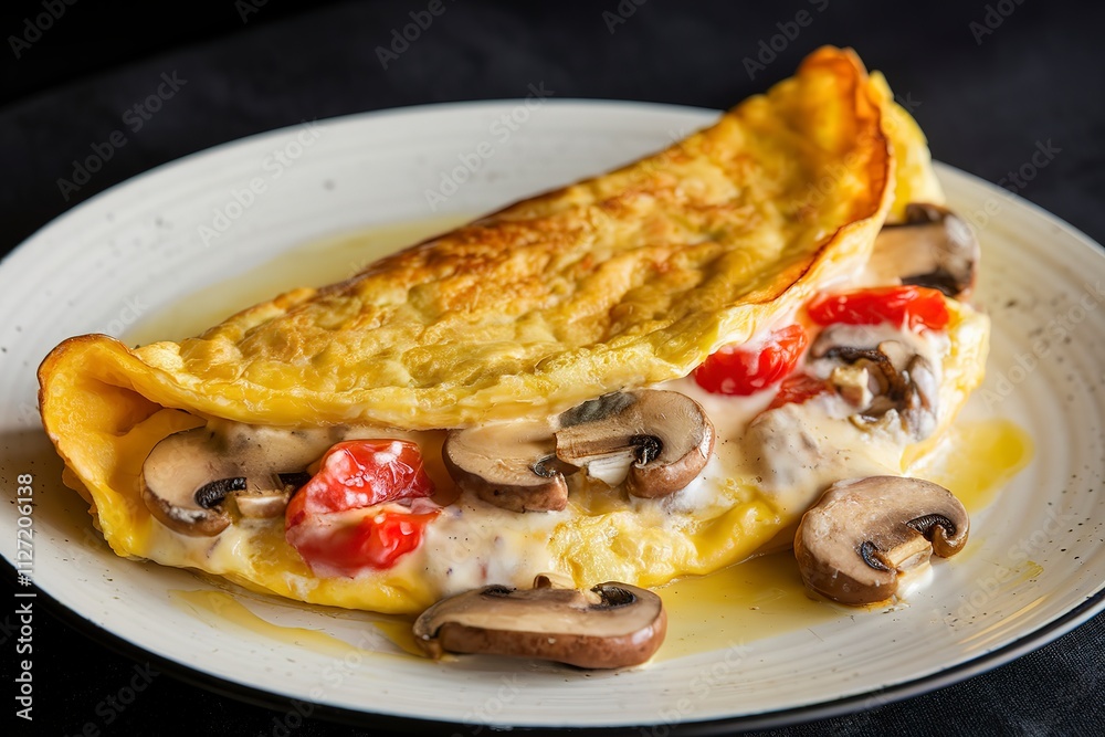 a fluffy omelet filled with creamy mushrooms and tomatoes a fluffy omelet filled with creamy mushrooms and tomatoes