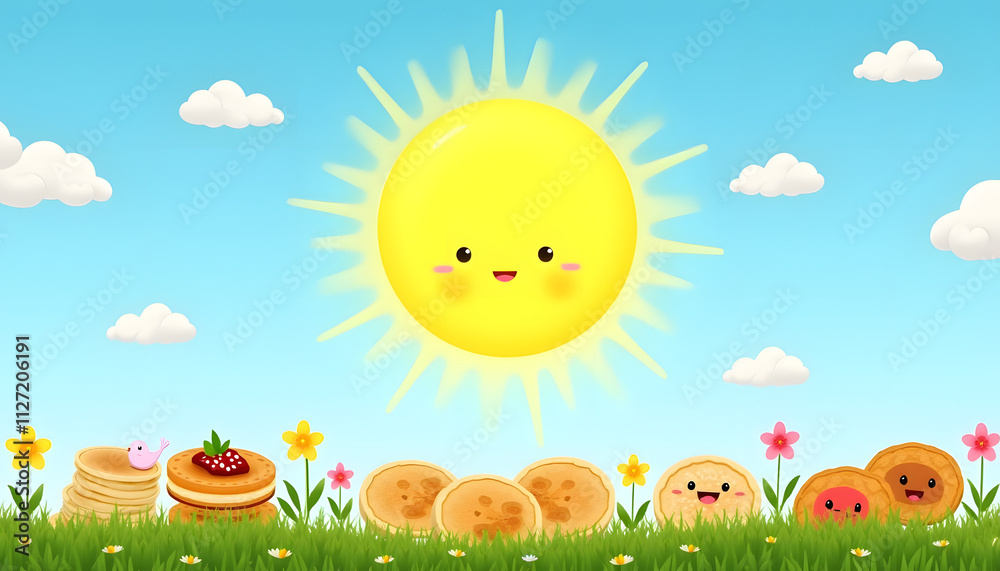 Naklejka premium Shrovetide Sun: A bright sun in a blue sky surrounded by symbols of spring flowers, birds and clouds