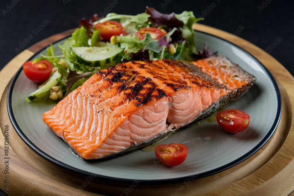 a grilled salmon on a plate with mixed salad a grilled salmon on a plate with mixed salad