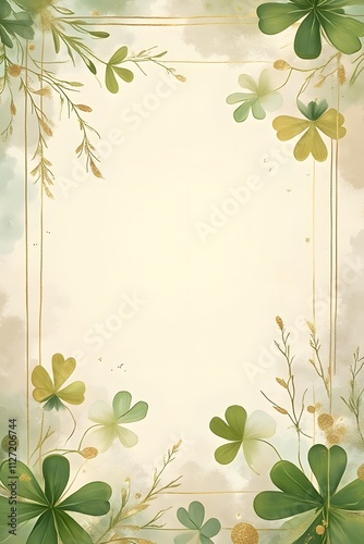 Delicate green shamrock on a pastel background, painted with watercolours. St.Patrick's Day with Lucky Irish three-leaved shamrocks, a holiday symbol in the warm spring. Card template. Copy space. Pos